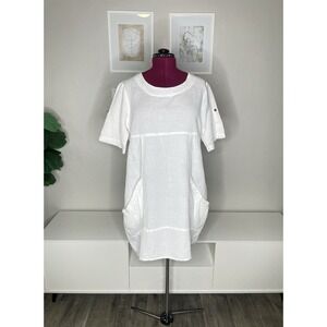 Vasna Dress Women's L White Pockets Roll Tab Sleeves Lagenlook Linen Blend